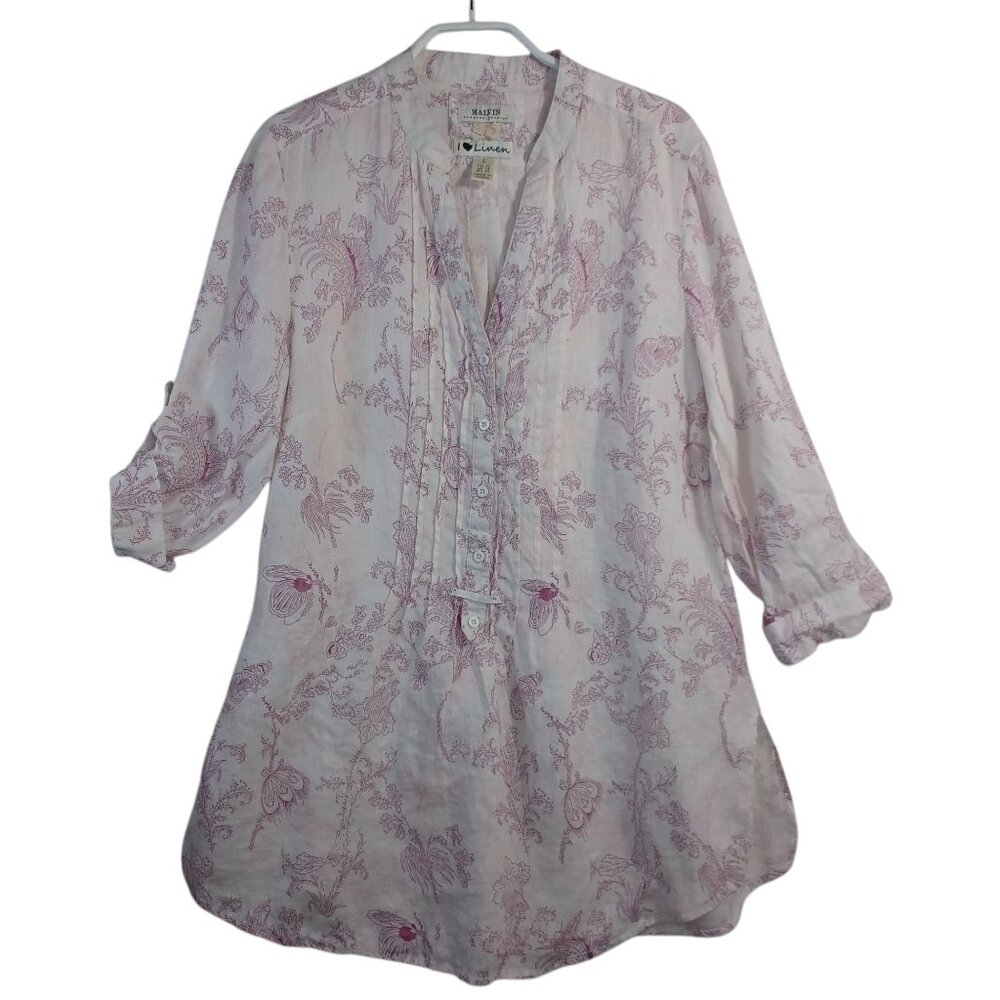 Malvin Linen Tunic Blouse Purple White Floral I‎ Love Linen Top Womens Large